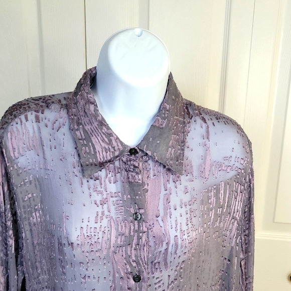 New York & Co Sheer Silk Blend Button-Up Blouse Long Sleeves Purple Gray Large - Picture 9 of 16